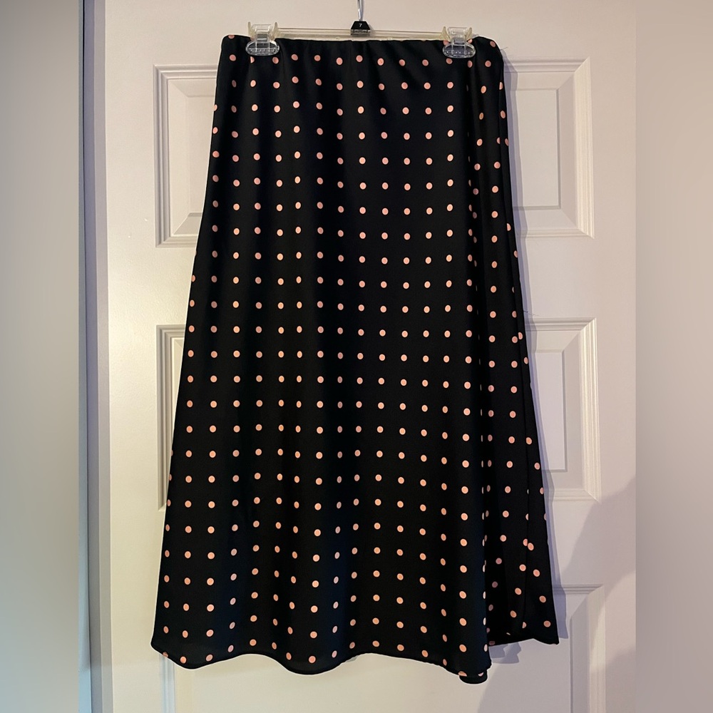 Crescent Black Midi Skirt with Pink Polka Dots